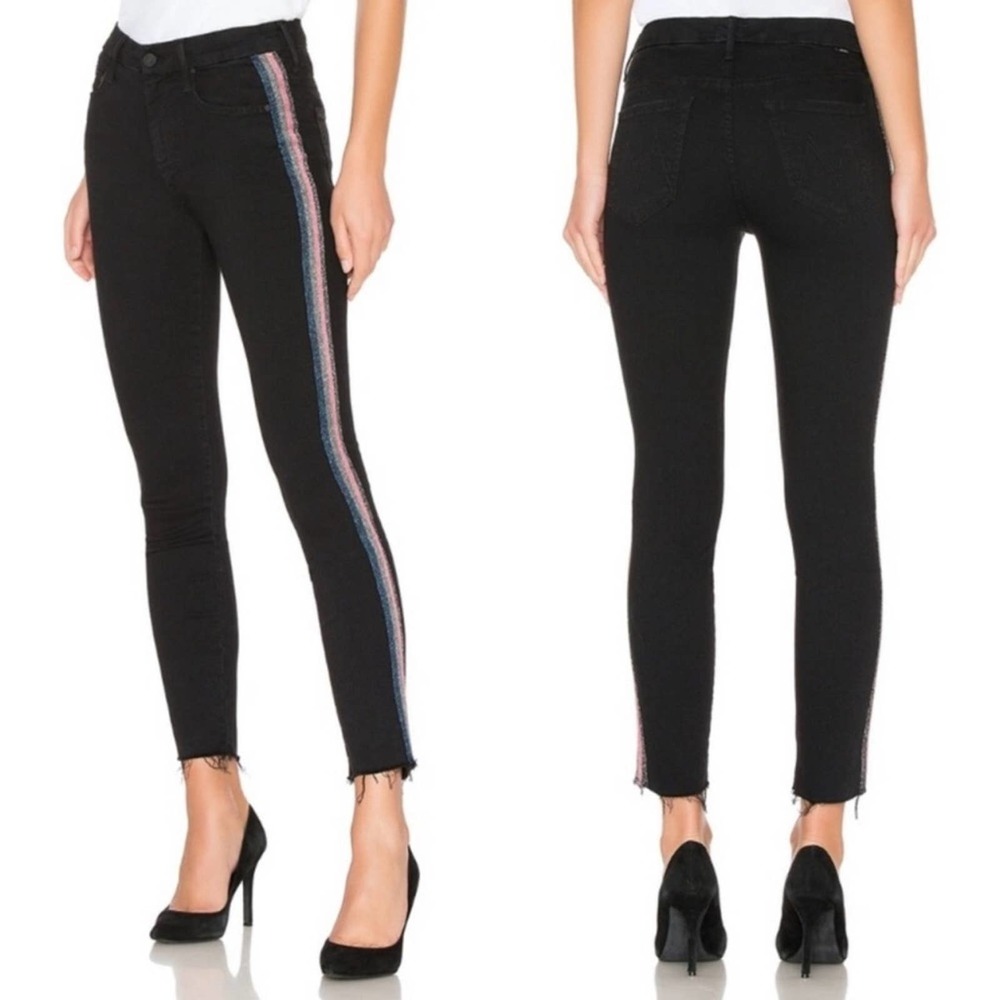 MOTHER High Waisted Looker Ankle Fray Skinny Jeans Guilty Glitter Racer Stripe